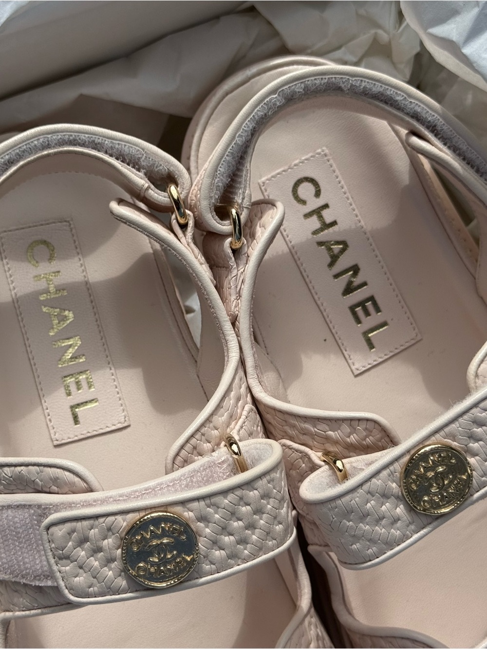 Chanel Pink Calfskin Printed Velcro "Dad" Medallion Sandals - Picture 2 of 6